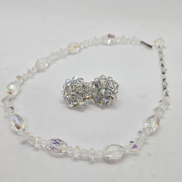 Vintage AB Crystal Necklace and Earrings set. Clip-on Earrings Hook clasp - Picture 3 of 10